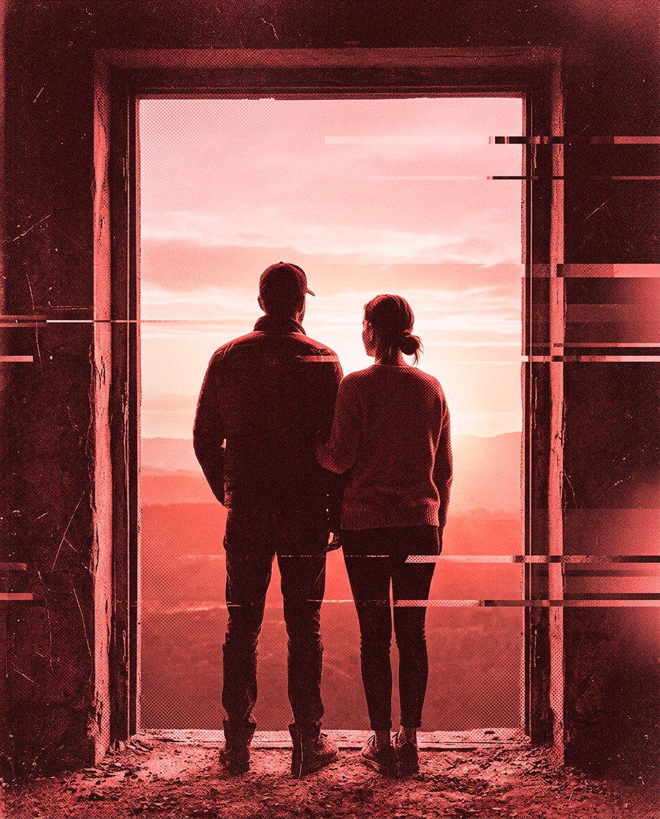 Illustration in red and pink of two people seen from behind in a doorway, looking out at a sunrise