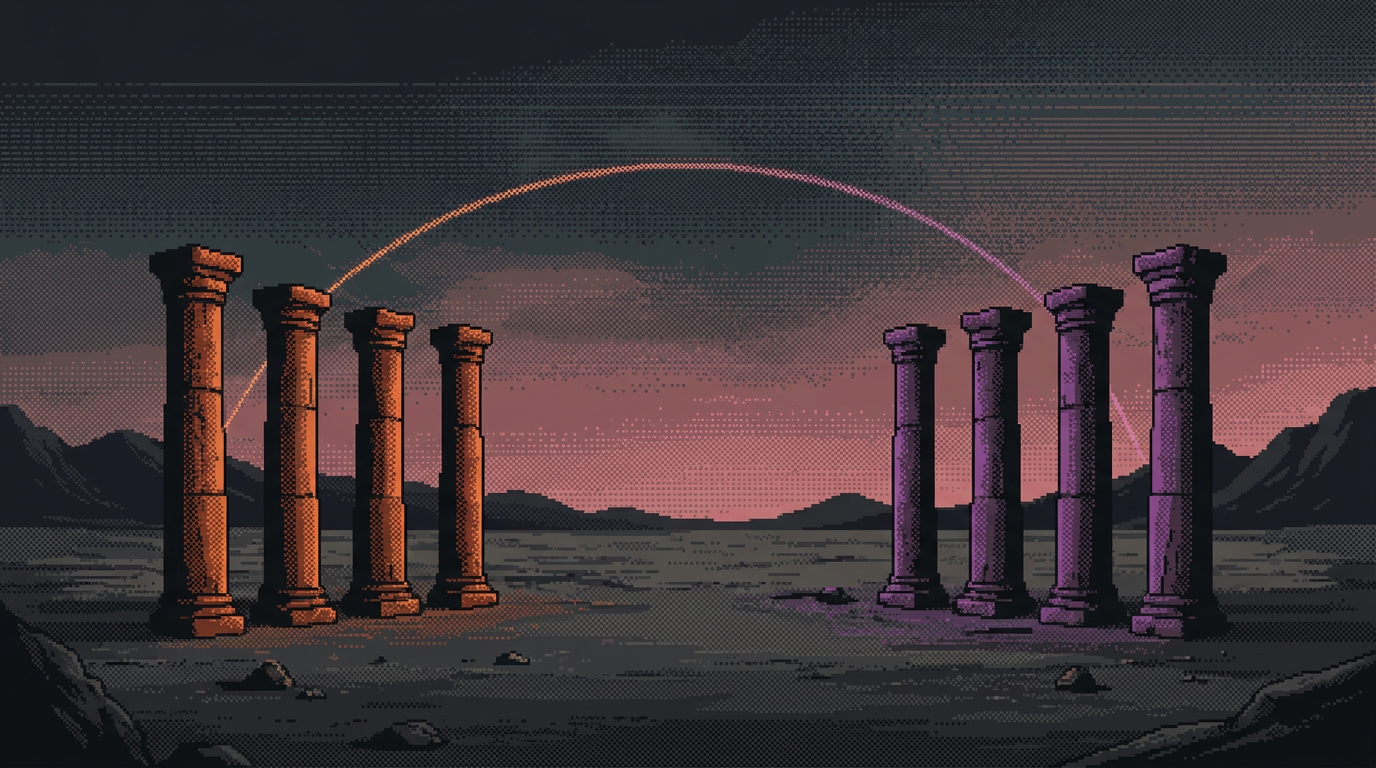 Pixel-art scene of two groups of four stone pillars, one amber and one violet, joined by a thin arc of light