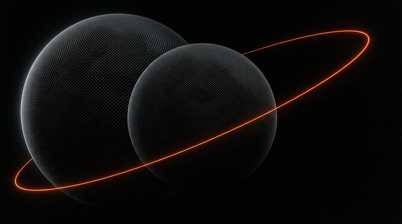 Two dark dotted spheres overlapping, circled by one thin ember orbit